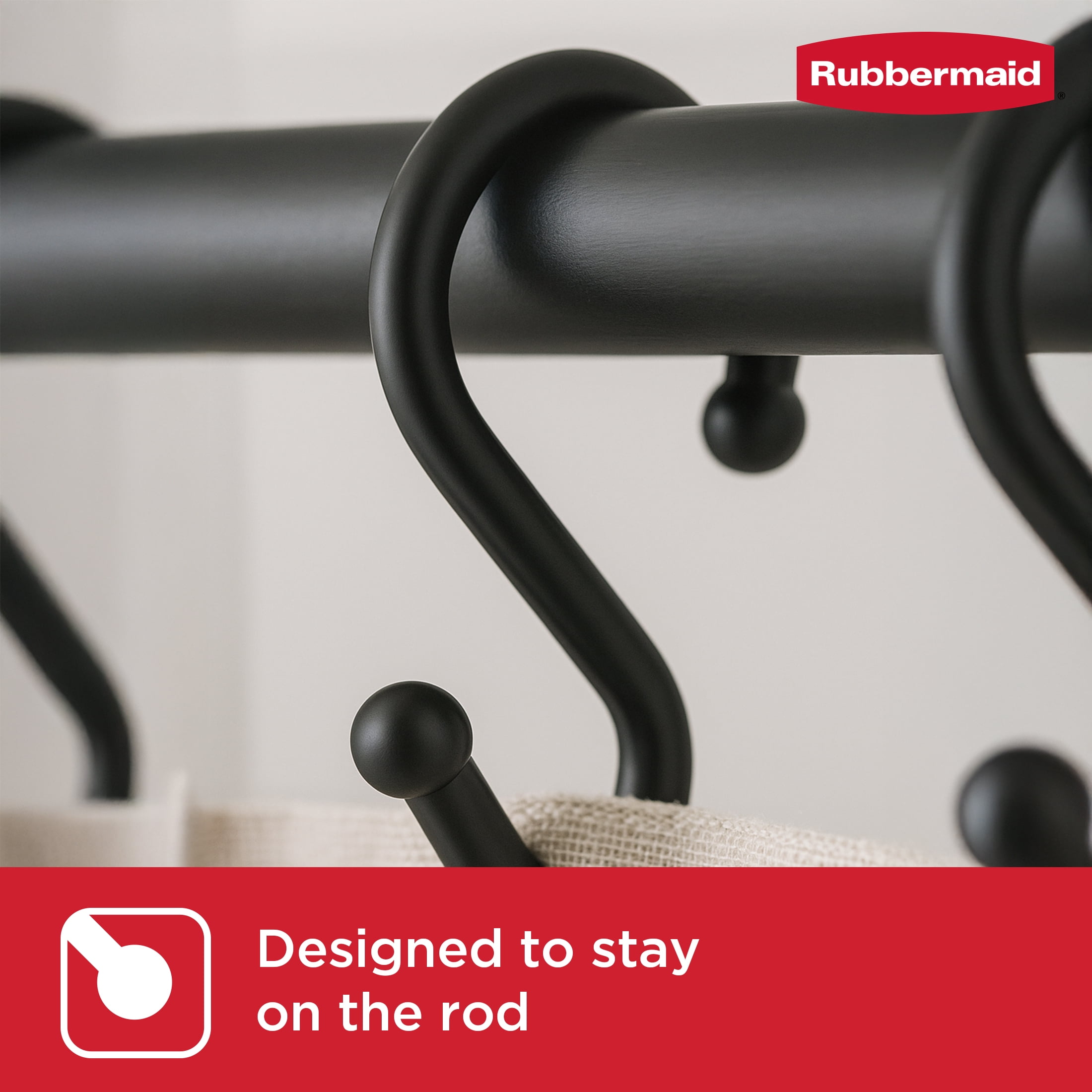 Rubbermaid Black Plastic S-Shape Shower Curtain Hooks, 12 Count