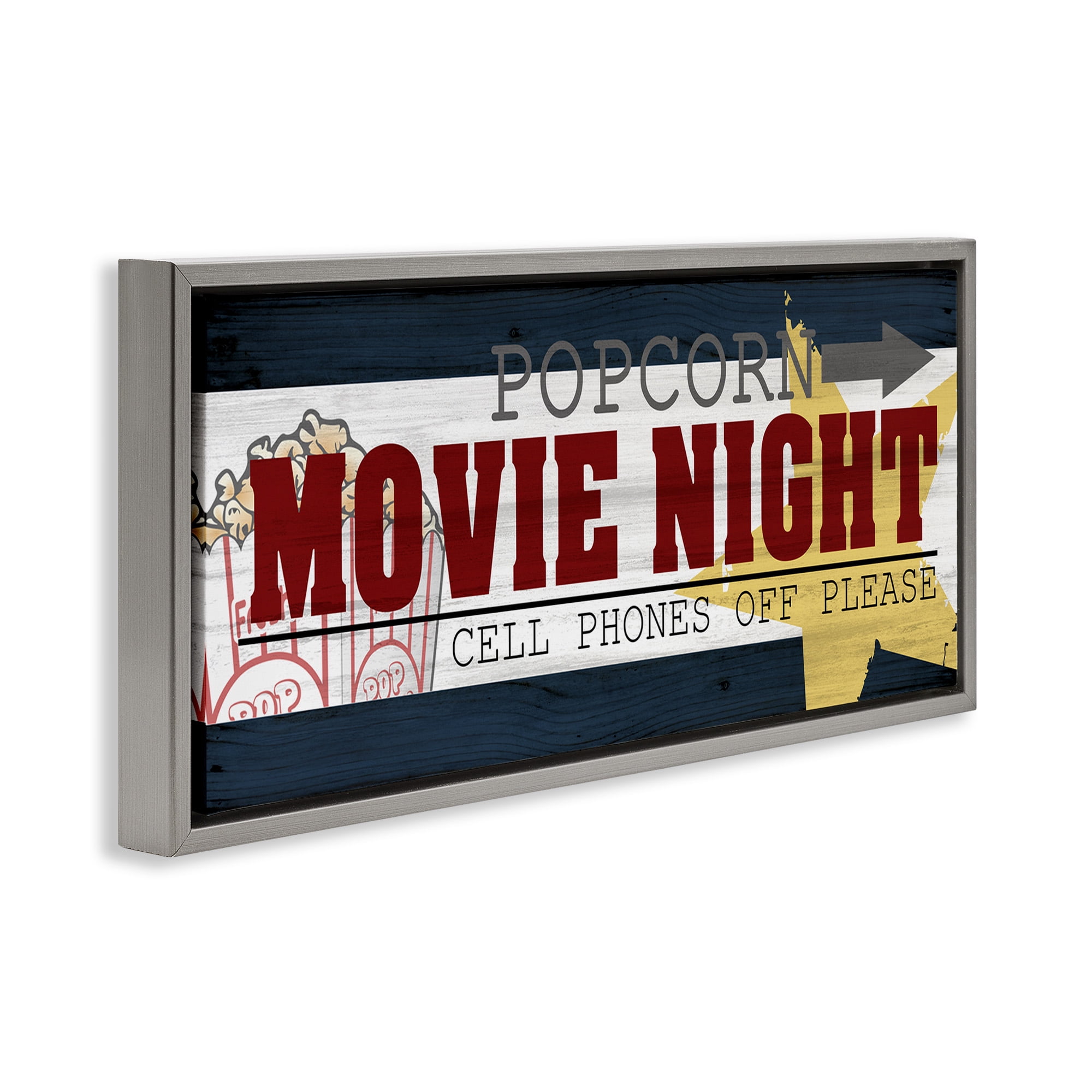 Stupell Industries Movie Night Vintage Sign Typography Painting Gray Floater Framed Canvas Art Print Wall Art, 25 x 11