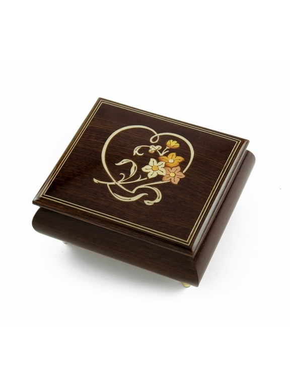 Delightful Warm Wood Tone Musical Jewelry Box with Floral and Heart Outline Inlay - Pearly Shells