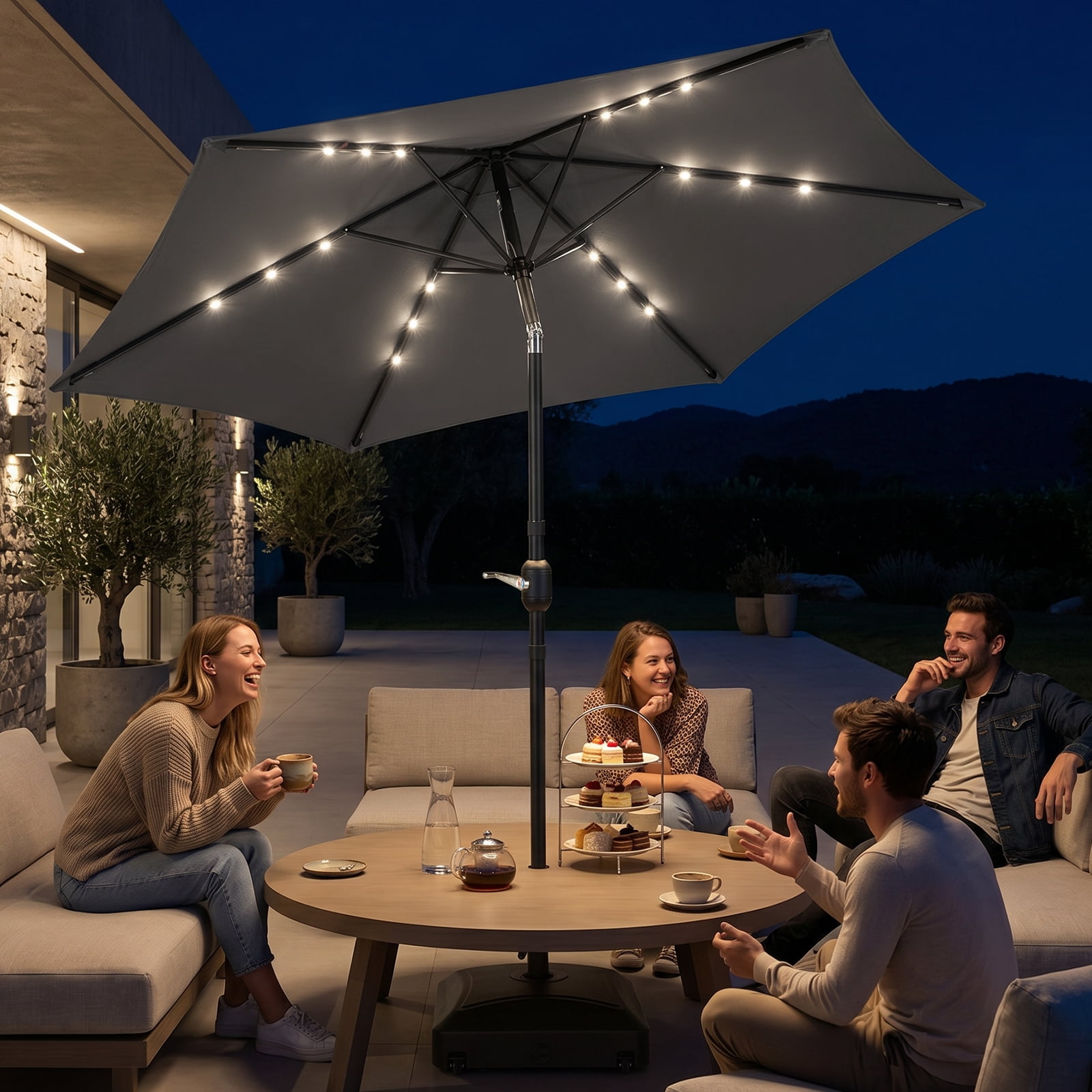 9ft Solar Patio Umbrella with LED Lights, UPF 50+ Waterproof Solution-Dyed Polyester Canopy, 6 Iron Ribs, Push Button Tilt & Crank Lift, Wind Resistant for Patio Garden Poolside
