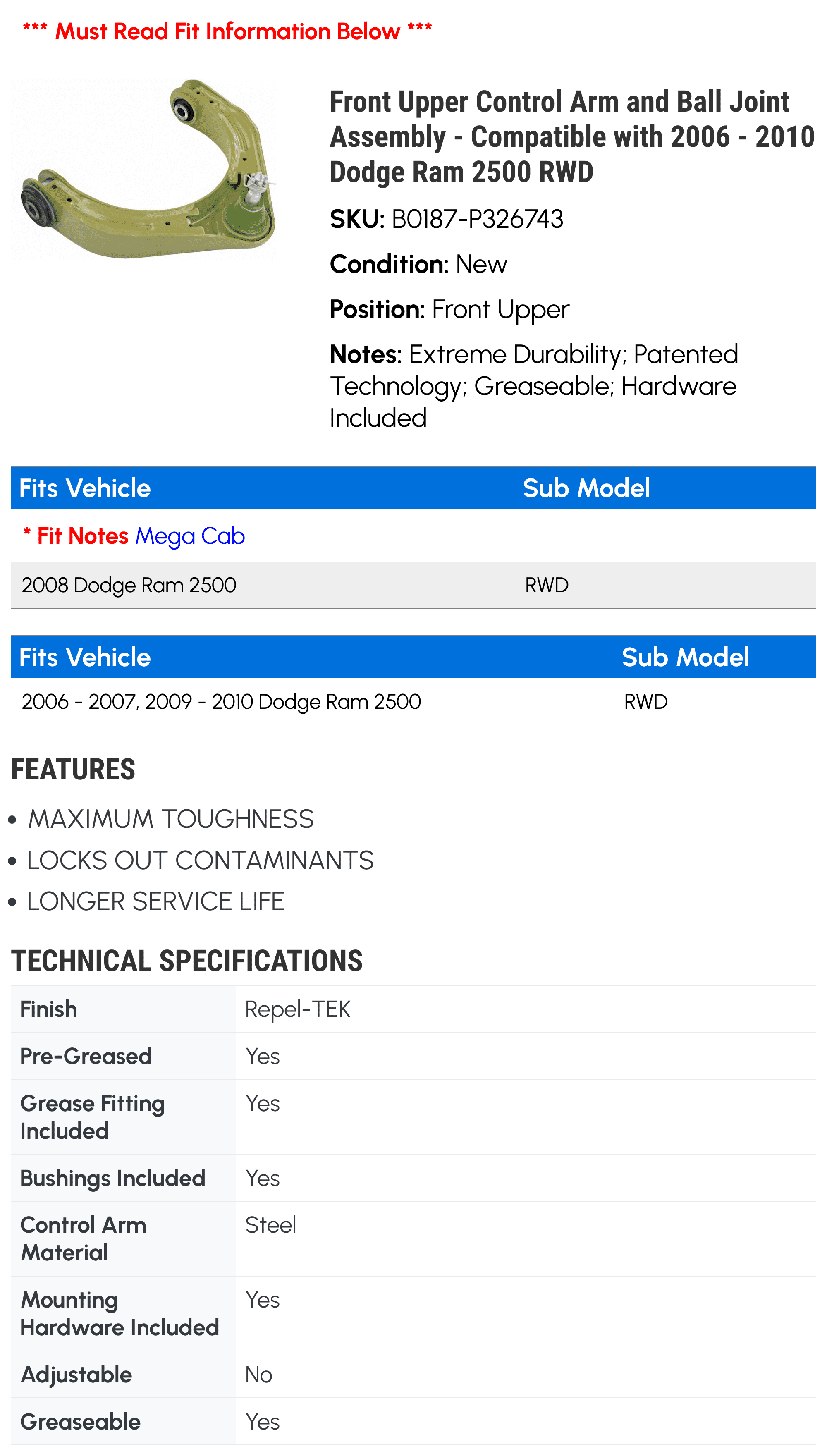 Front Upper Control Arm and Ball Joint Assembly - Compatible with 2006 - 2010 Dodge Ram 2500 RWD 2007 2008 2009