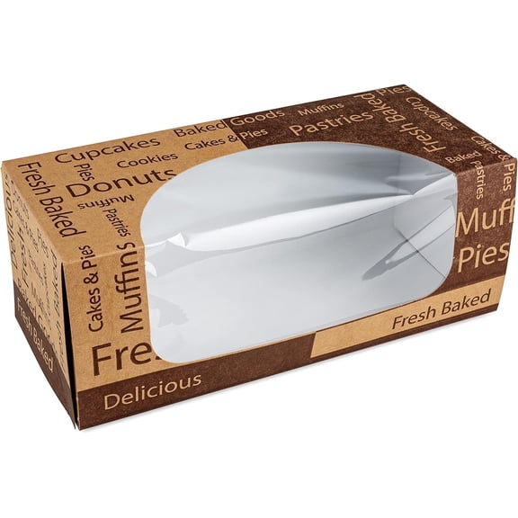 MT Products Brown Print Bakery Boxes with Window - 9" x 4" x 3.5" Pastry Boxes - Pack of 100