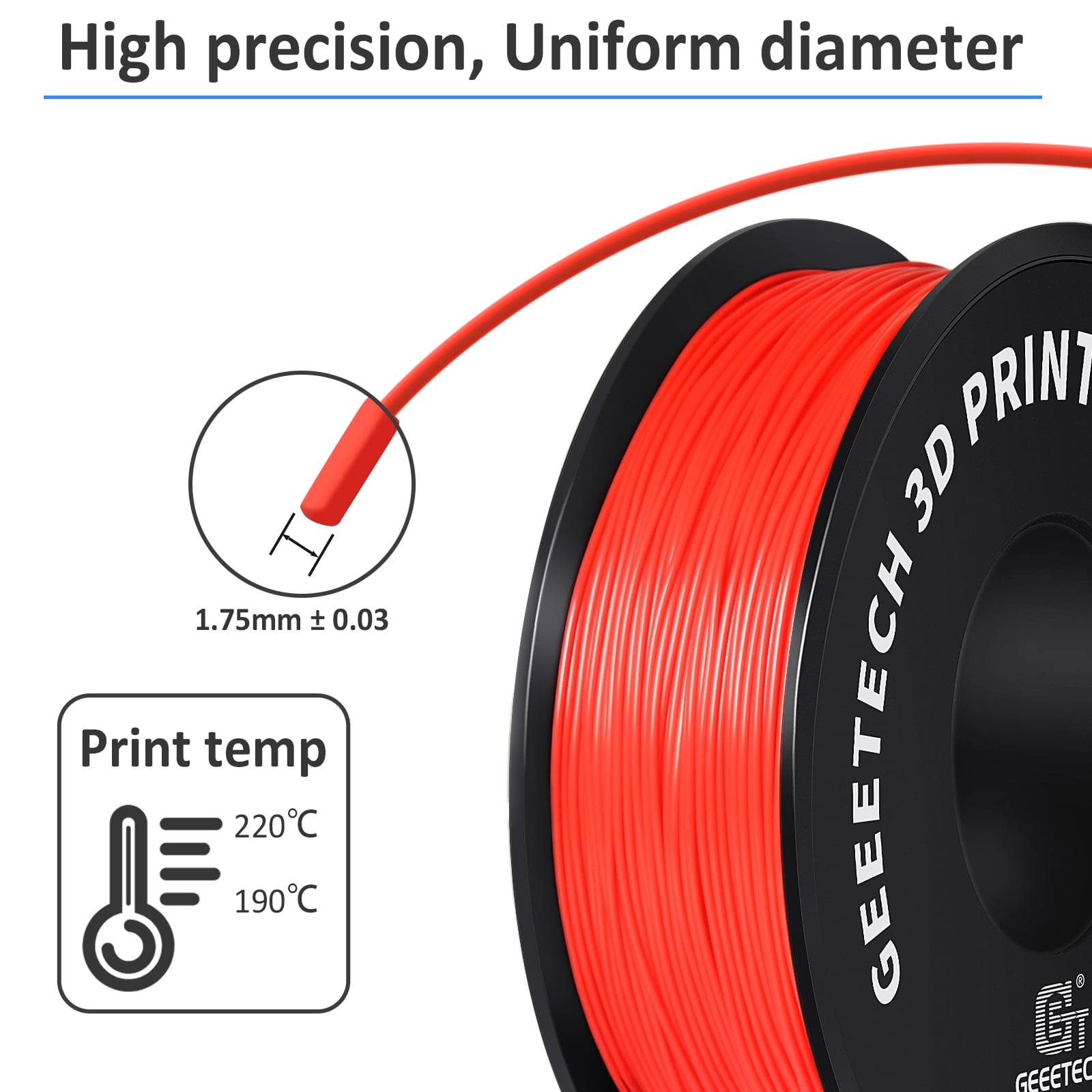 GEEETECH PLA 3D Printer Filament 1.75mm Red, Dimensional Accuracy +/-0.03mm, 10kg (22lbs) , Vacuum Packaging, Fit for Most 3D FDM Printer