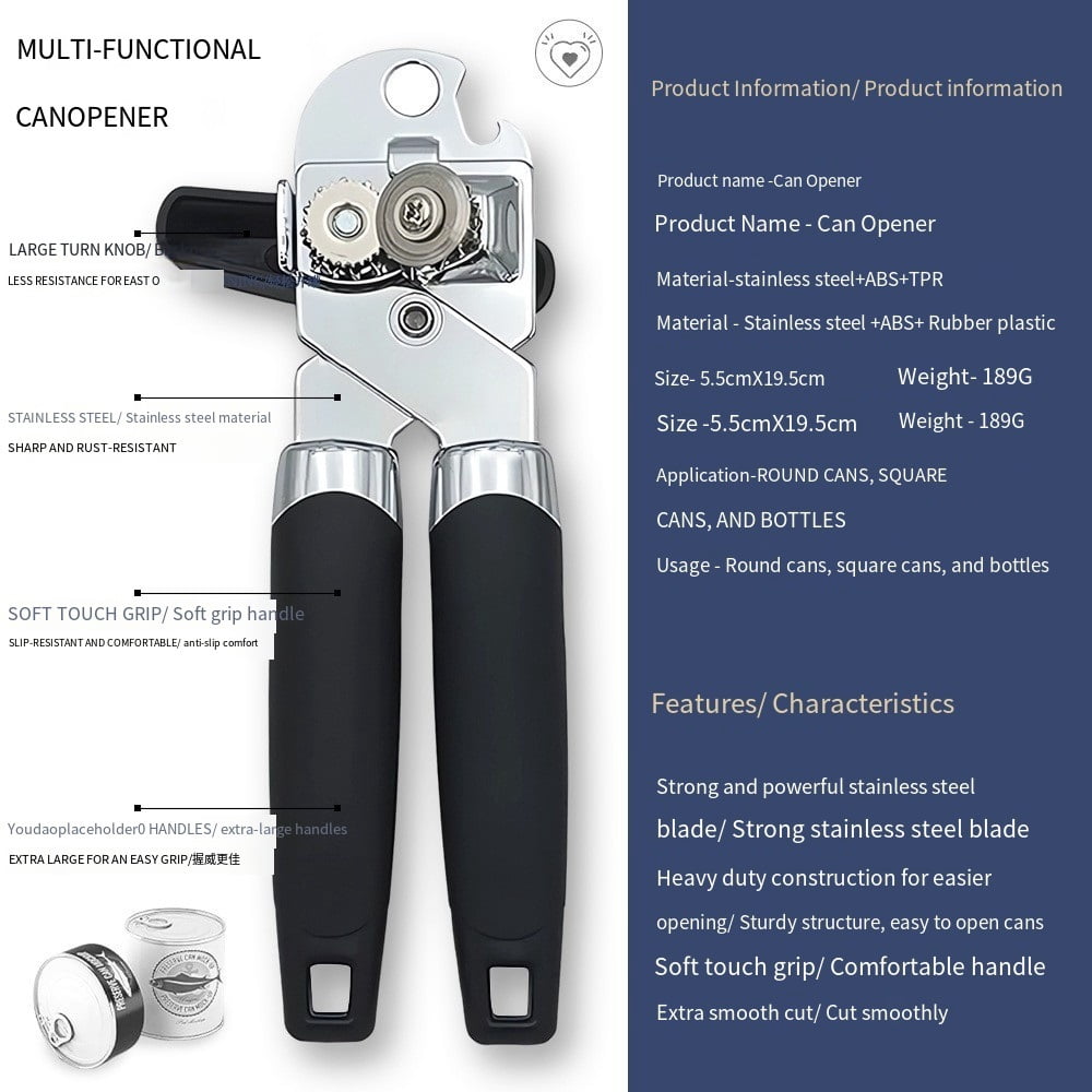 Stainless Steel 3-in-1 Can Opener - Multifunctional Kitchen Tool for Effortless Opening of Cans, Lids, and Bottles