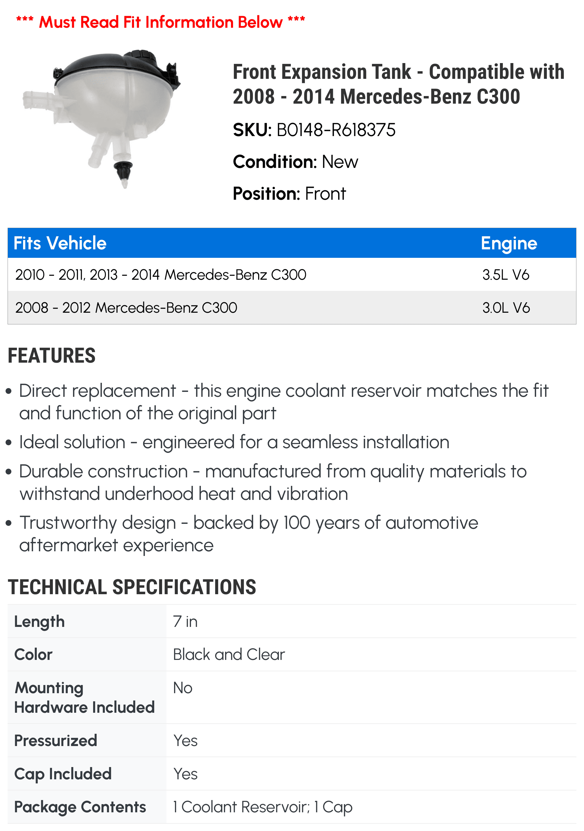 Front Expansion Tank - Compatible with 2008 - 2014 Mercedes-Benz C300 - Dorman