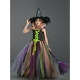 thumbnail image 2 of TheFound Girl Halloween Witch Costume Contrast Color Puffy Mesh Cami Dress Feather Hat Broom Cosplay Set, 2 of 8