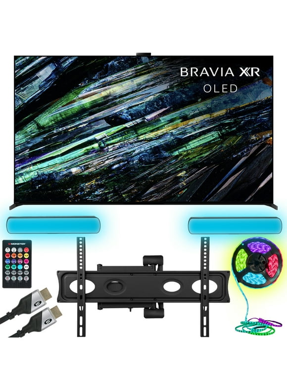Sony XR55A95L BRAVIA XR A95L 55 inch QD-OLED 4K HDR Smart TV with Google TV (2023) Bundle with Monster Cables Home Theater Setup Package - Full Motion Mount, Monster HDMI Cables, & Sound Reactive RGB