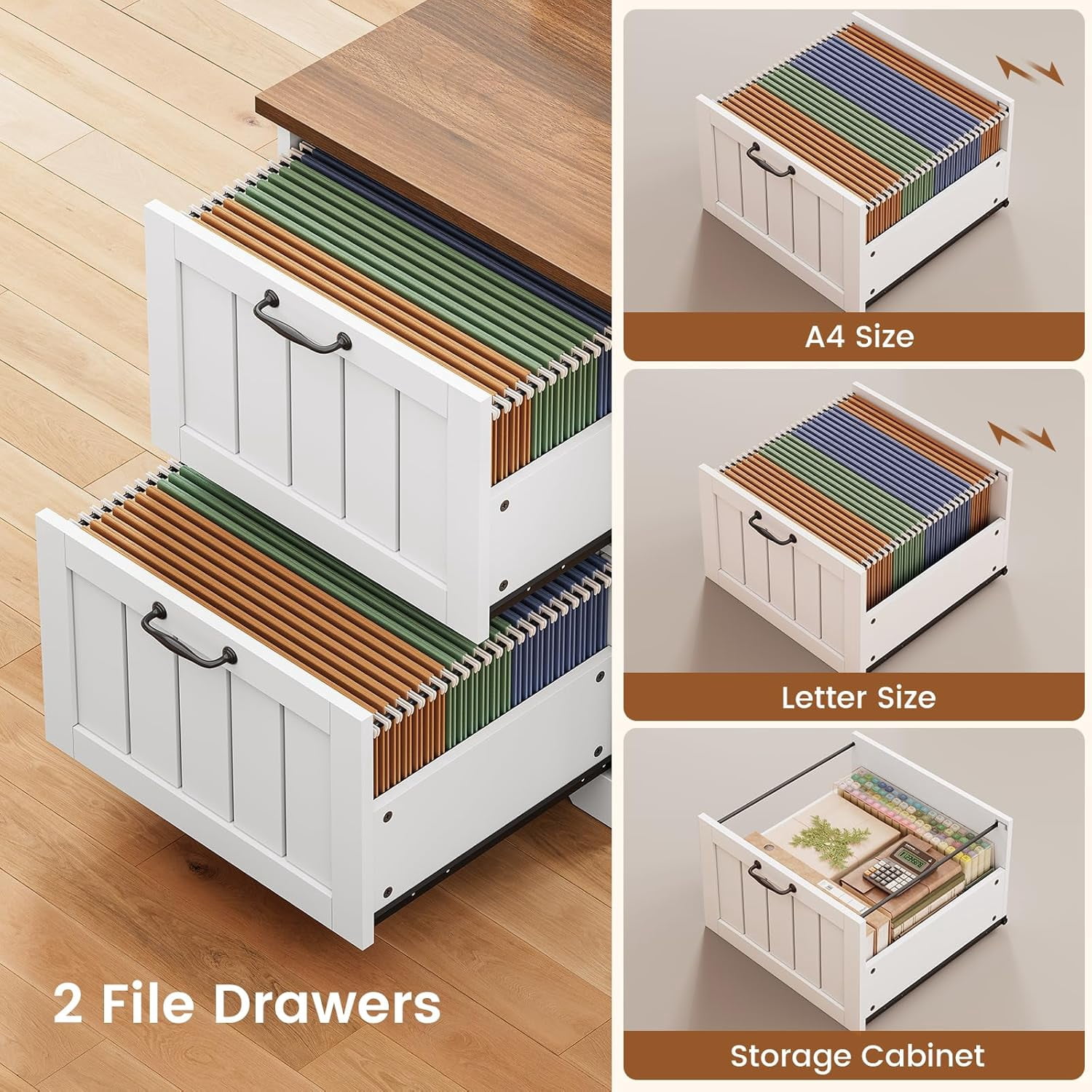 Farmhouse L Shaped Desk with Storage, Rustic Corner Desk with Monitor Stand, 2 File Drawers & 1 Cabinet, Home Office Desk with Spacious Desktop, Large PC Workstation, White & Black Top