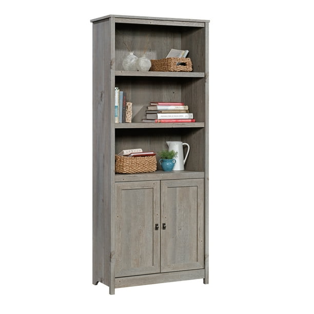 Sauder Cottage Road Library Bookcase, Sauder Harbor View Library Bookcase With Doors Antiqued White Finish