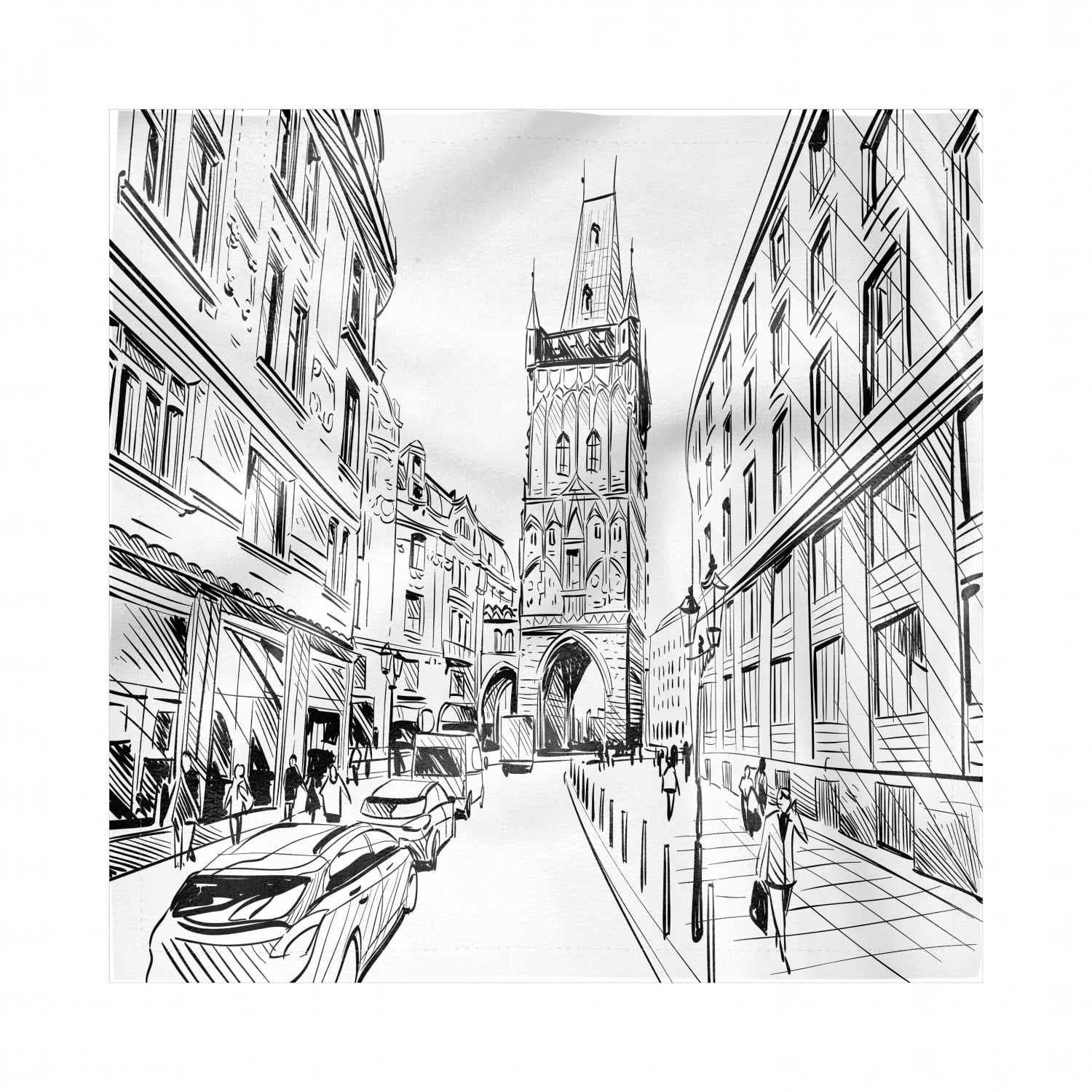City Old Houses Napkins Set of 4, Prague City Sketch European Cityscape