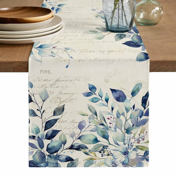 Blue Teal Eucalyptus Leaves Table Runner, Watercolor Vintage Botanical Washable Cotton Linen Table Runners 72 Inches Long, Dresser Scarf Runner for Dining/Coffee/Kitchen/TV Stands/Cabinets 13''x72''