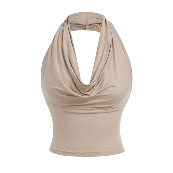 Wensltd Women Sleeveless V Neck Tank Tops Halter Neck Multi Style Solid Color Lightweight Casual Daily Wear Layering Tank Top Beige