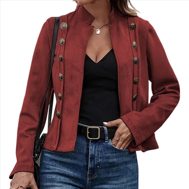 Chaqueta de Gamuza Sintética para Mujer, Informal, de Otoño, de Larga, Cuello Alto, con Abertura Frontal, Blazer Corto, Abrigo. Rojo L