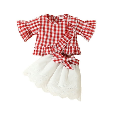 

allshope 2PCS Baby Girls Summer Outfits Short Sleeve Plaid Print Ruffle Tops + Tie Knot Skirt Set Infant Clothes