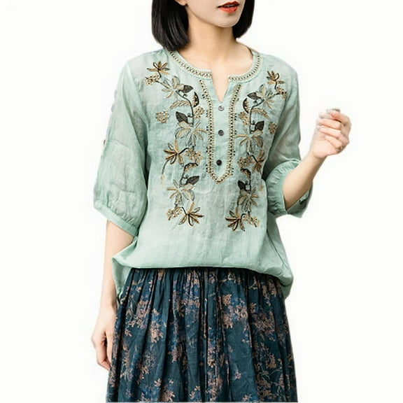 Youyipin womens Tops Women'S Embroidery 3/4 Sleeves Cotton Linen Button Down Tunic Tops Blouse Beach Vacation Clothes For Women