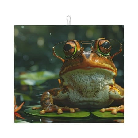 

Xecao Intellectual Frog Pond Print Dish Drying Mat for Kitchen Counter Absorbent Coffee Bar Mat Dish Drainer Rack Mats Dining Room Decoration