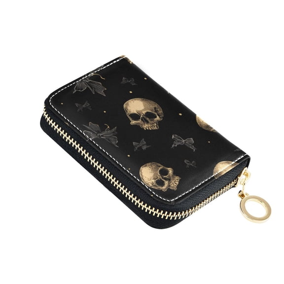 Gold Skulls Gray Bows Women's Credit Card Holder PU Leather Zipper Wallet RFID Blocking