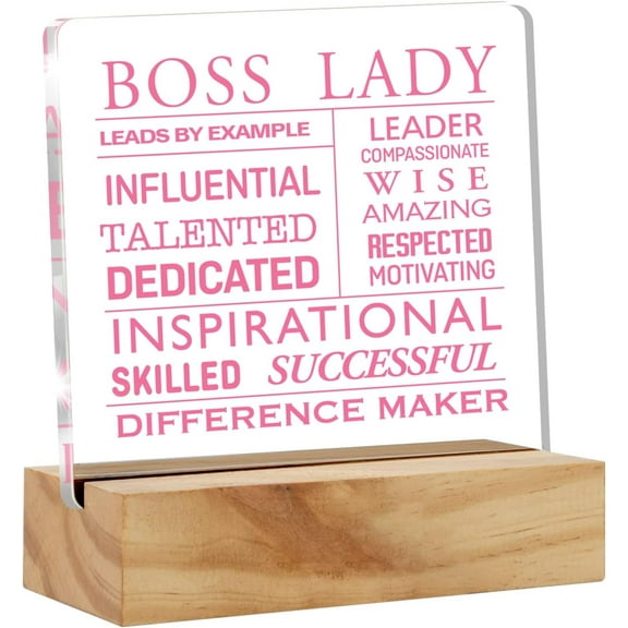 Inspirational Boss Appreciation Gift Boss Lady Gifts for Women, Pink Boss Lady Desk Decor Acrylic Desk Plaque Sign with Wood Stand Home Office Desk Sign Keepsake