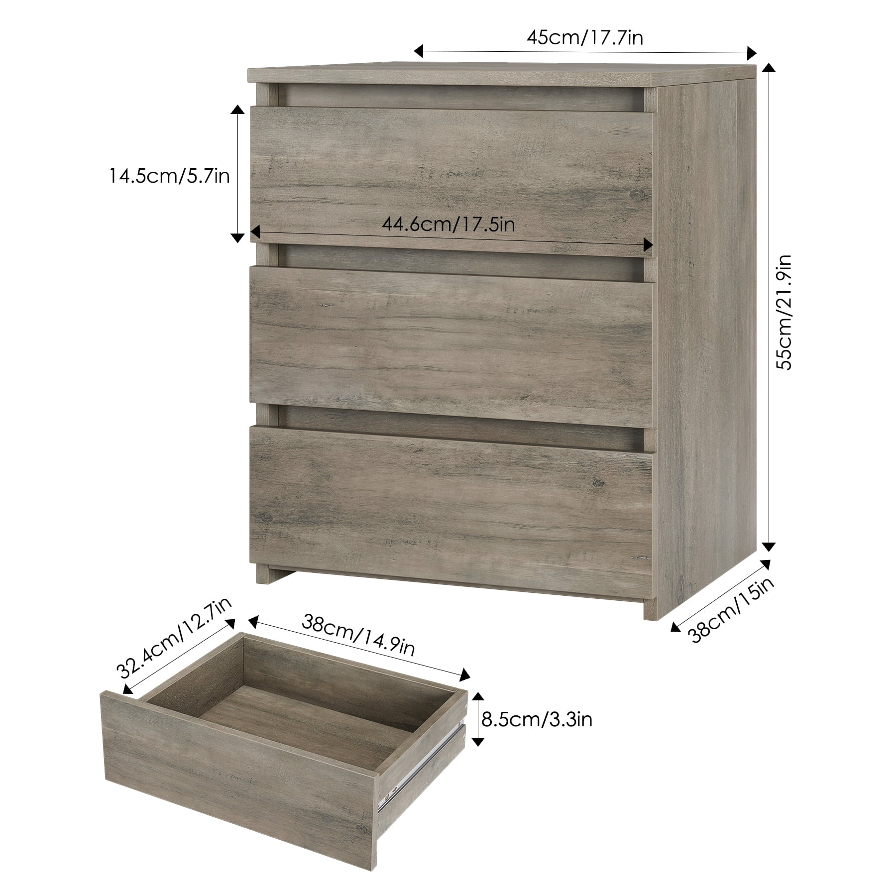Homfa 3 Drawers Nightstand Set of 2, Small Sofa Table, Wooden Storage Cabinet for Living Room, Gray Finish