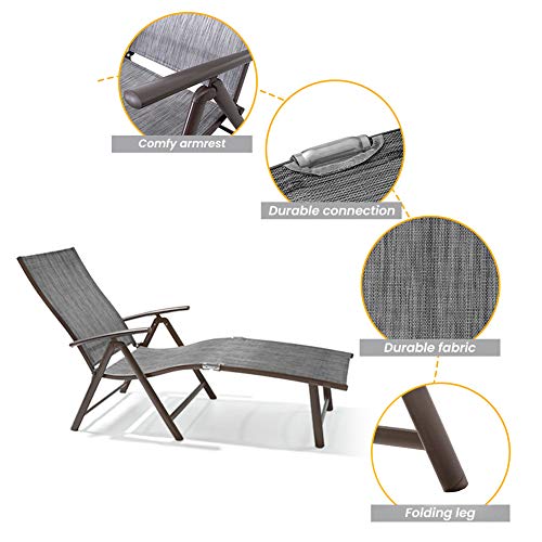 Crestlive Products  Outdoor Aluminum Folding Recliner Adjustable Chaise Lounge (Set of 2) - See Picture Black&Grey Fabric, Brown Farme - image 5 of 7