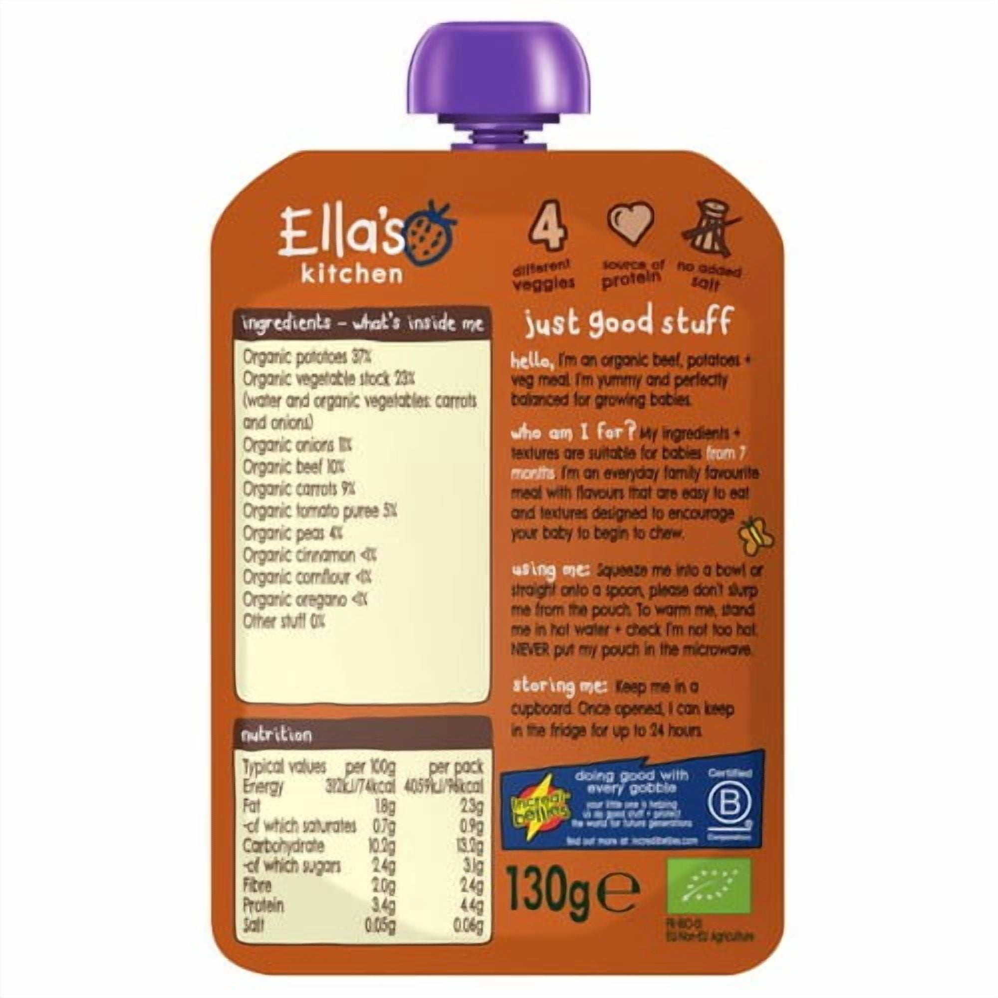 Ella's Kitchen Beef Cottage Pie Baby Food Pouch 7+ Months 130g, British Import (Pack of 2)