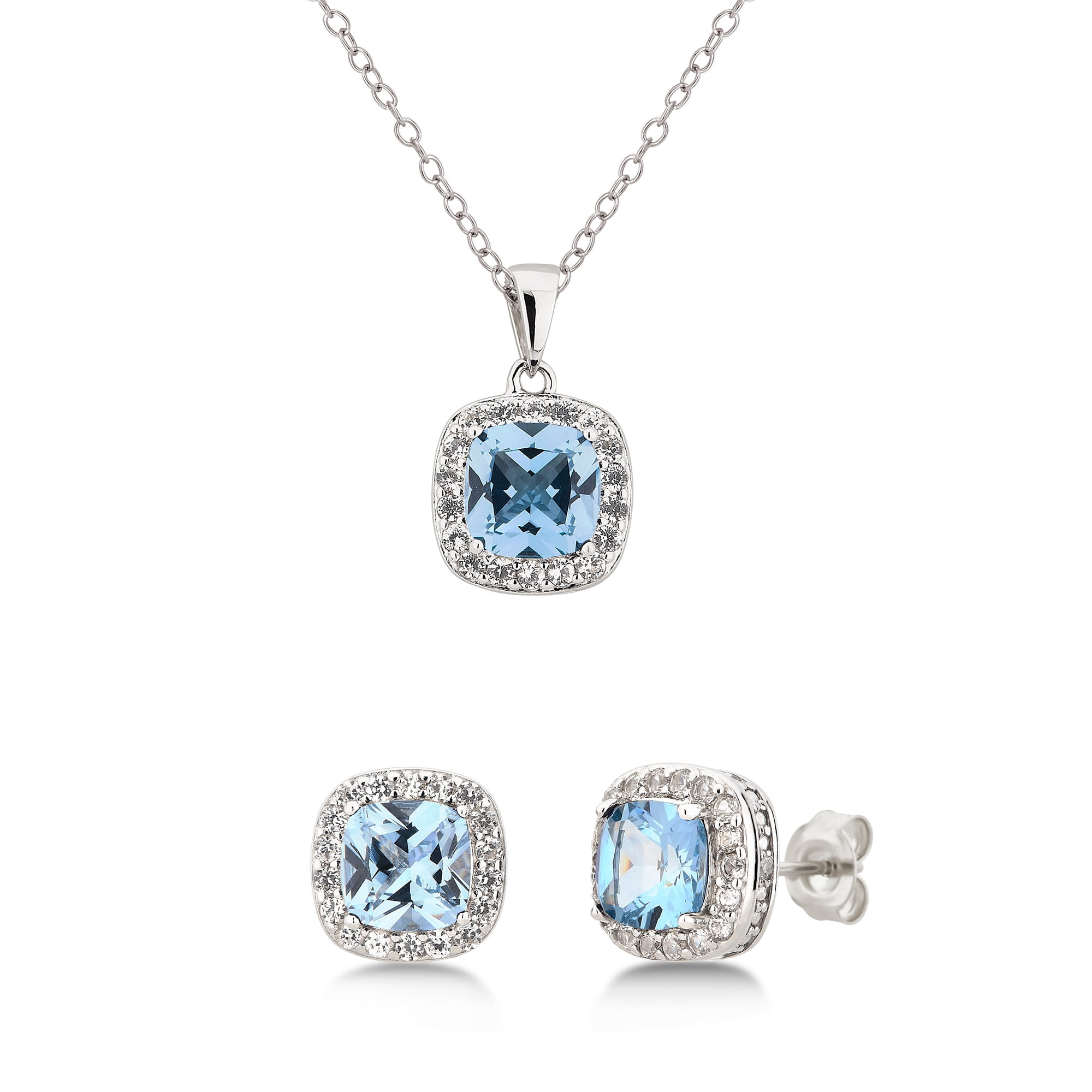 2 Ext. Sterling Silver Light Blue Color Square Multifaceted CZ Earring & Necklace Set 16