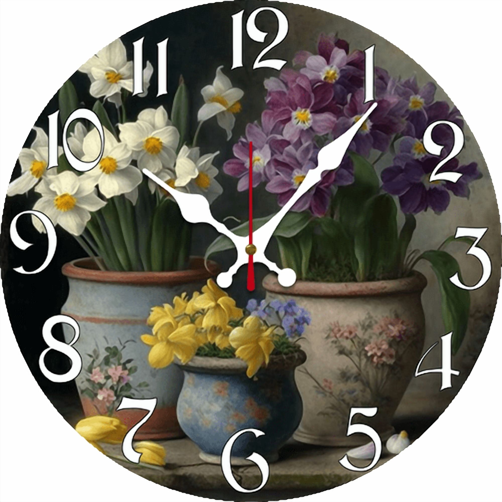 Eveokoki DIY Wall Clock 10 Inch Battery Operated Vintage Round Wooden Clocks Flowers Vase Decor Silent Wall Clock for Home Kitchen Office Decoration