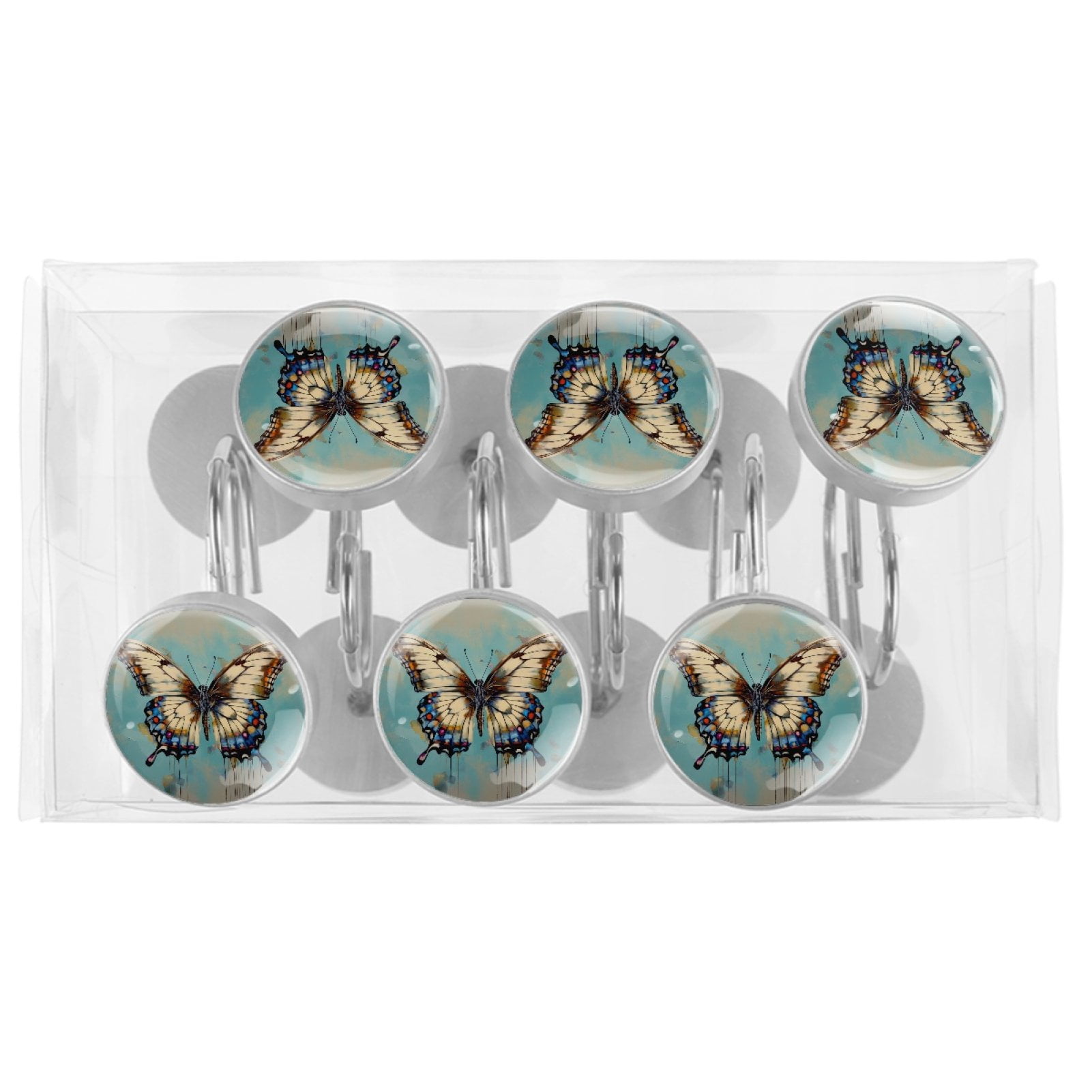 HemaKayy 12 Pcs Decorative Shower Curtain Hooks - Rust Proof Stainless Steel | Easy Installation and Glide | Ideal for Home, Bathroom and Bedroom Décor - White Butterfly Blue Gradient Painting