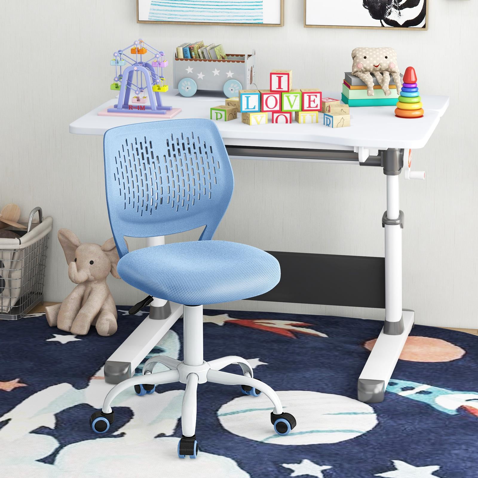 Giantex Kids Desk Chair, Adjustable Swivel Chair for Children, Armless Mesh Task Student Study Chair w/Lumbar Support & Adjustable Height, Rolling Computer Chair, Blue