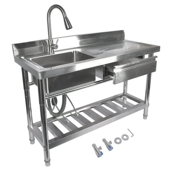 Stainless steel kitchen sink, commercial freestanding multi-purpose sink with drawer and pull-out faucet (47 inches, left sink), equipped with an efficient drainage system, durable and easy to clean