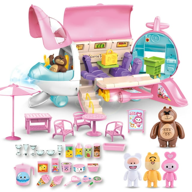Juego de juguetes de cocina modelo Mini avión de línea, accesorios de cocina bonitos de dibujos animados, juego de juguetes para niñas y niños pequeños, paquete de caja rosa