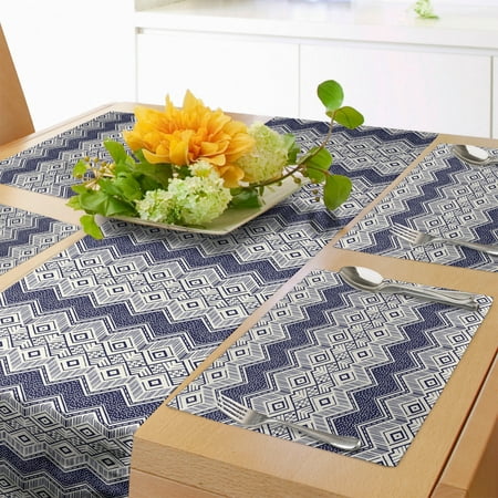 

Vintage Tribal Table Runner & Placemats Monochromatic Pattern of Zigzags Dots and Rhombuses in Aztec Style Set for Dining Table Decor Placemat 4 pcs + Runner 12 x90 Indigo and Ivory by Ambesonne