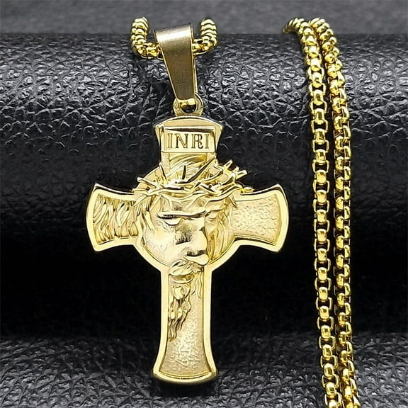 Vintage INRI Crucifix Jesus Cross Necklace for Men Women 14K Yellow Gold Christian Chain Gift Jewelry colar
