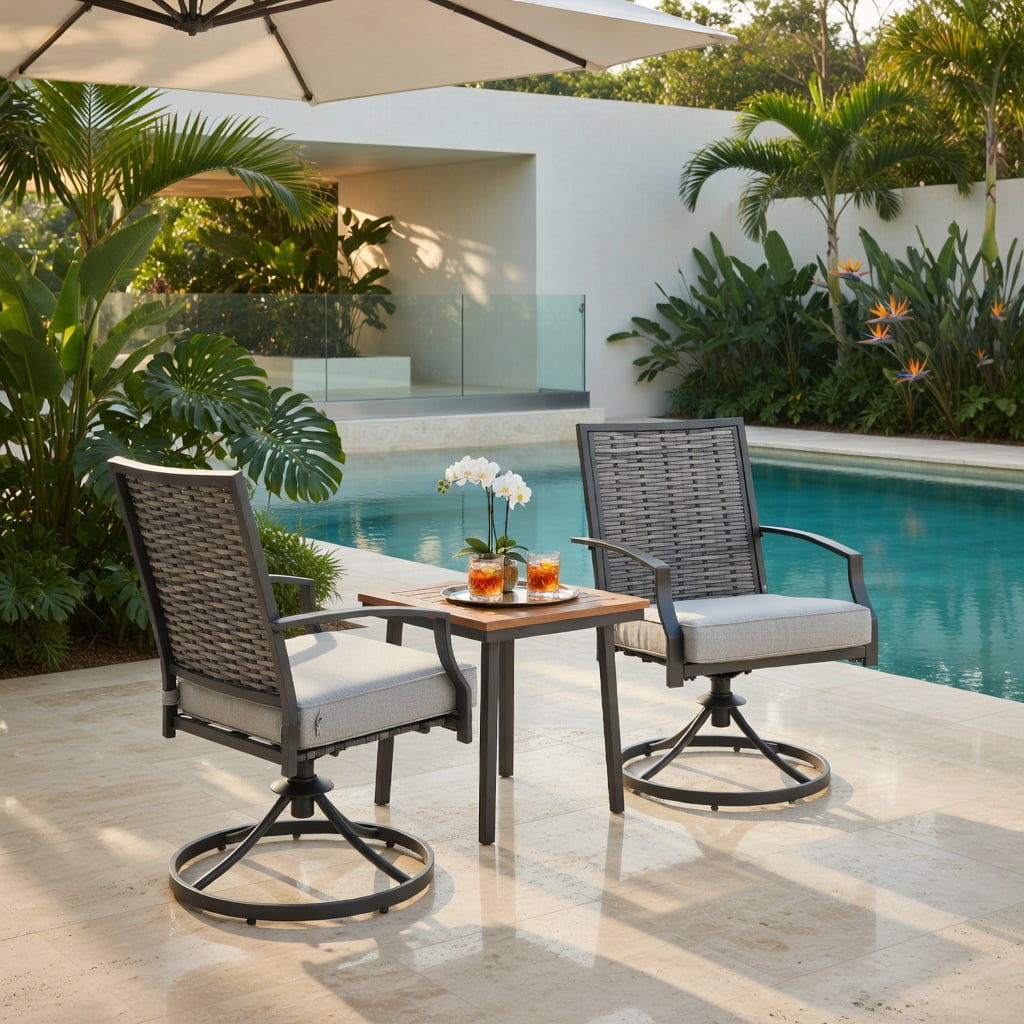 Hommoo 3-Piece Outdoor Swivel Patio Chair Set with Cushions, PE Rattan & Metal Frame, Includes Coffee Table for Backyard, Deck or Garden, Gray