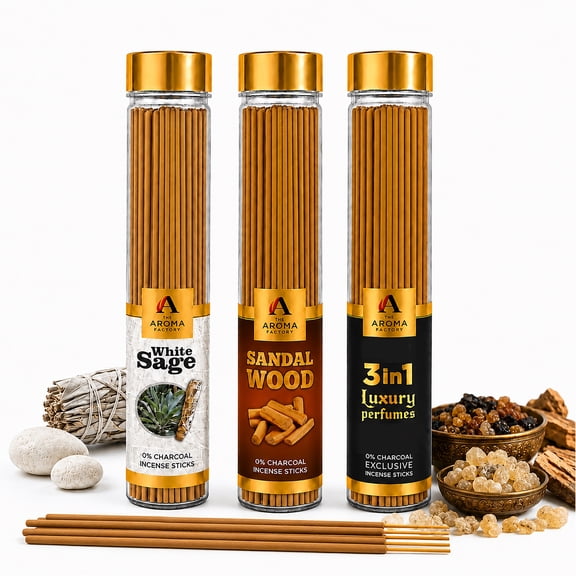 The Aroma Factory Incense Sticks Combo Pack 3 Fragrances (White Sage, Sandal Wood, 3 in 1) 100g Each – Essential Oil Based, No Charcoal, Non Toxic, 100% Herbal, No Black Smoke