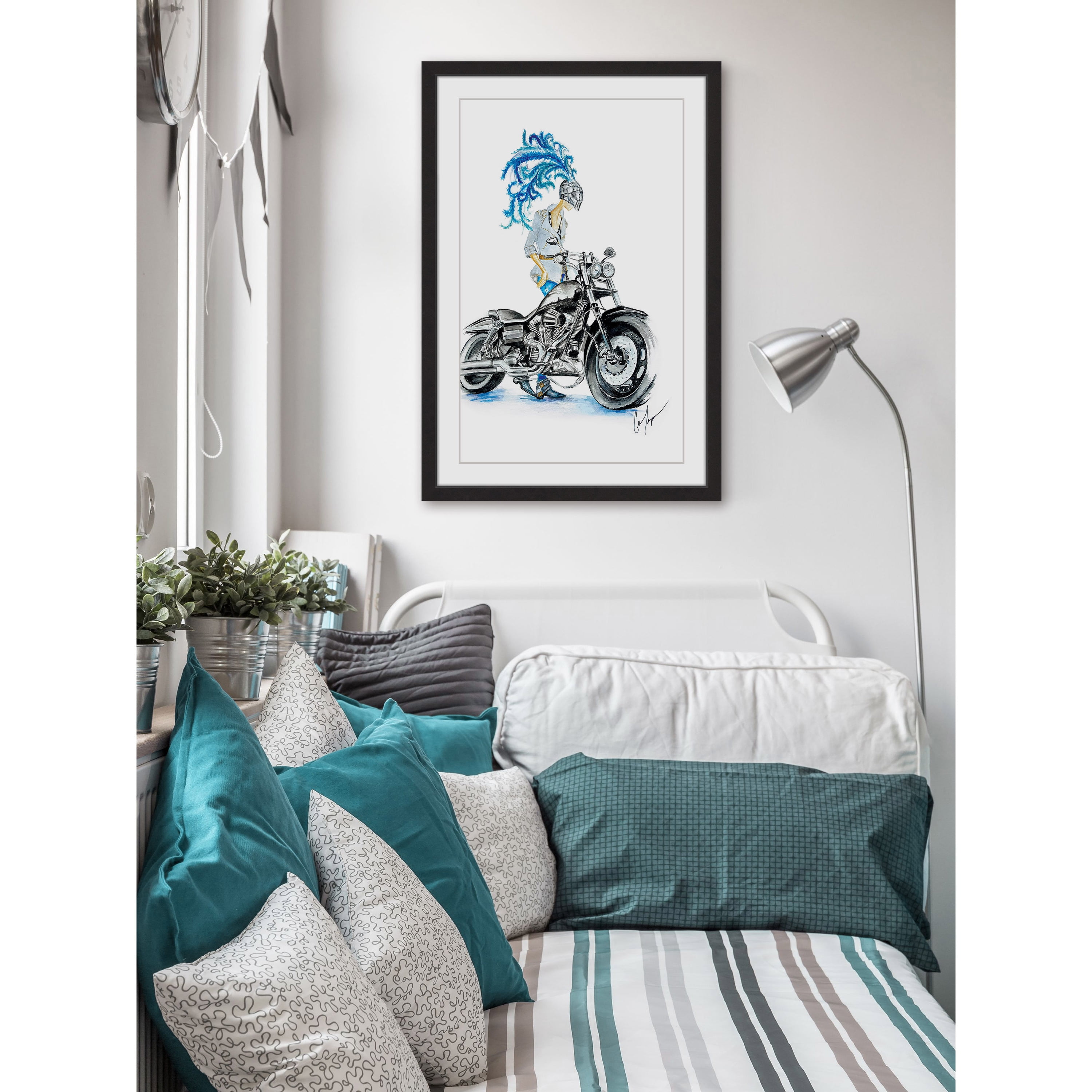 Parvez Taj "Blue Boat Docked" Painting Print on White Wood