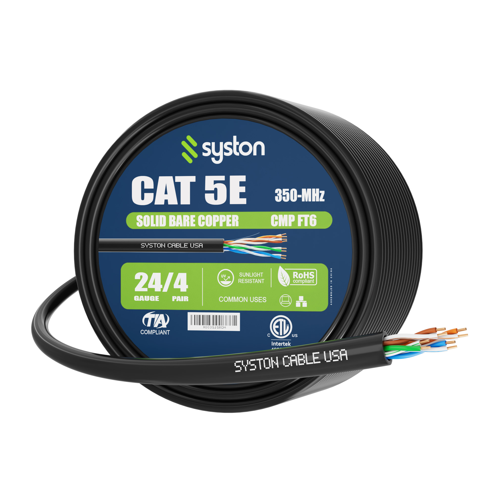 SYSTON CABLE TECHNOLOGY Cat 5e Ethernet Network Cable - 20 FT, 350MHz 24AWG Solid Bare Copper Wire Outdoor/Indoor, Bulk No Ends 10 Ft to 1000 Ft Available, Heat Resistant Plenum Rated - CMP