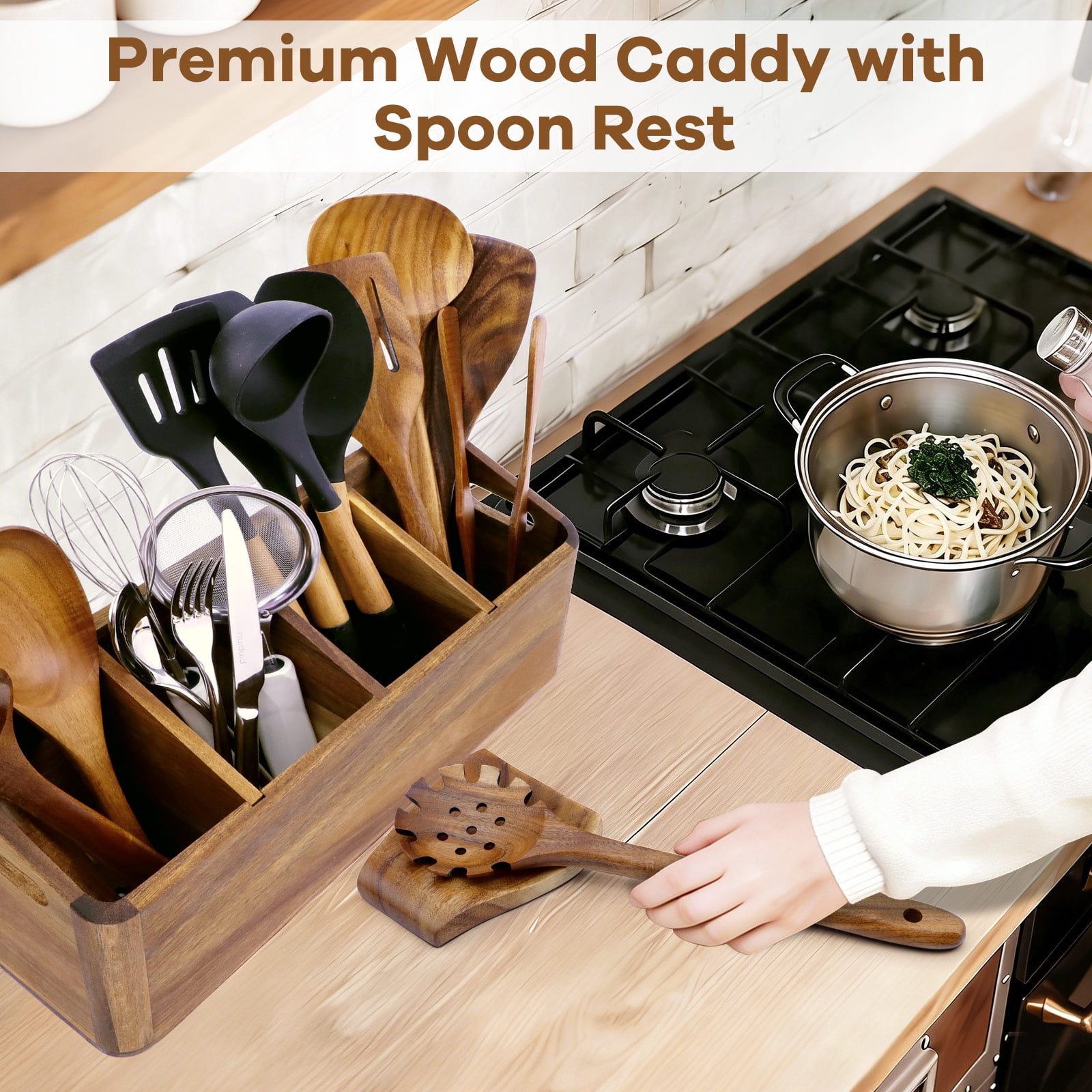 WETRBWEH Wooden Kitchen Utensil Holder with Spoon Rest, Extra Large Acacia Wood Utensil Organizer for Counter with 4 Compartments, Rustic Container