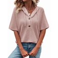 thumbnail image 2 of Blusas de Verano para Mujer, de Punto Gofre, de Corta, con Cordón, Sudaderas con Botones y Cuello en V, Blusas Informales, Camisas. Rosa XXL, 2 of 9