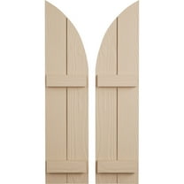 Ekena Millwork 11"W x 70"H (59" Low Side) Timberthane Sandblasted Two Board Joined Board-n-Batten w/Quarter Round Arch Top Faux Wood Shutters (Per Pair), Primed Tan