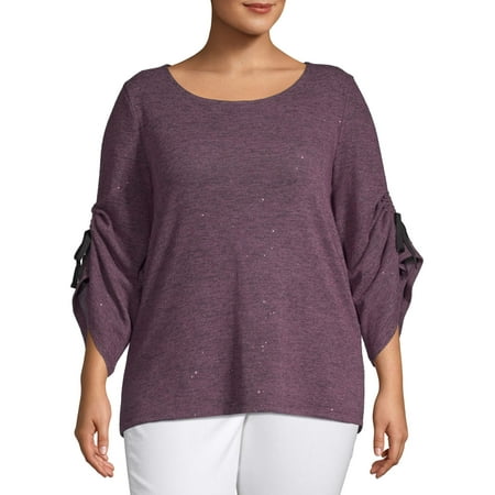 Concepts Women's Plus Size Ruching Bell Sleeve Neck Top with Grosgrain Ribbon Tie