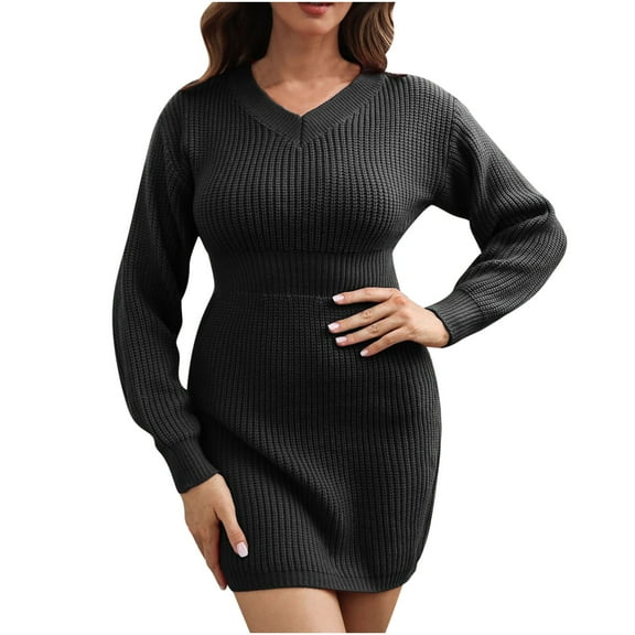 Fesfesfes Women Sweater V-neck Long-sleeved Waist High-waist Sweater Dress Women Sweater Knitted Dress Fall And Winter New Tops on