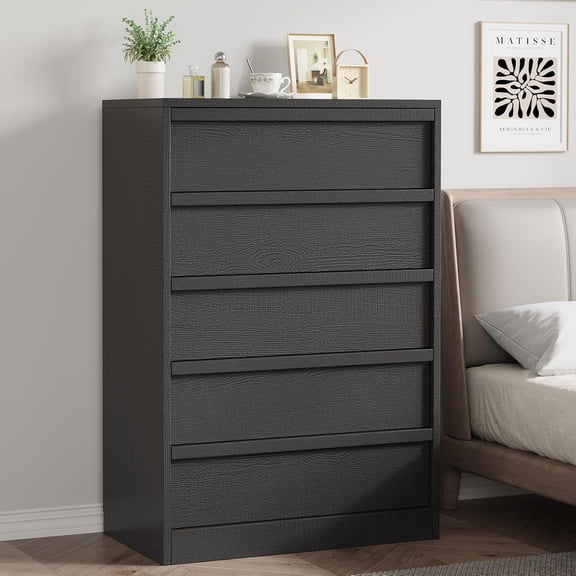 Garvee 43.3" Tall 5-Drawer Dresser, Wooden Chest of Drawers for Bedroom & Hallway, BlackBlack