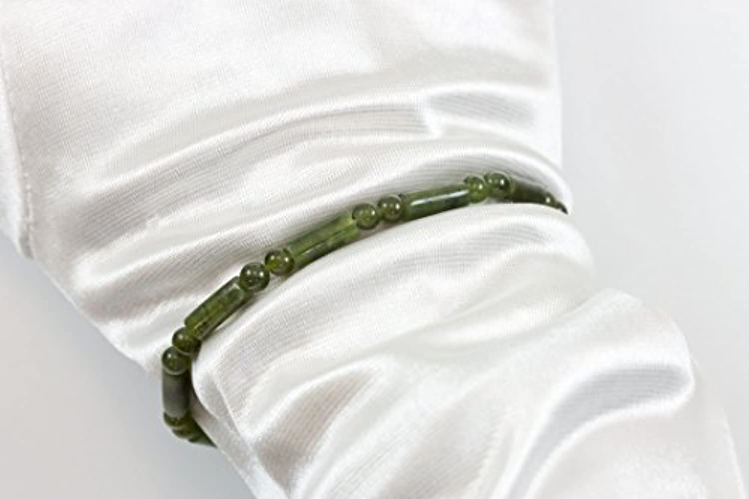 Jade Bracelet Green Nephrite Beaded Smooth Tube Shaped Stones Adjustable Stretch, 7" Designed for Adult Women