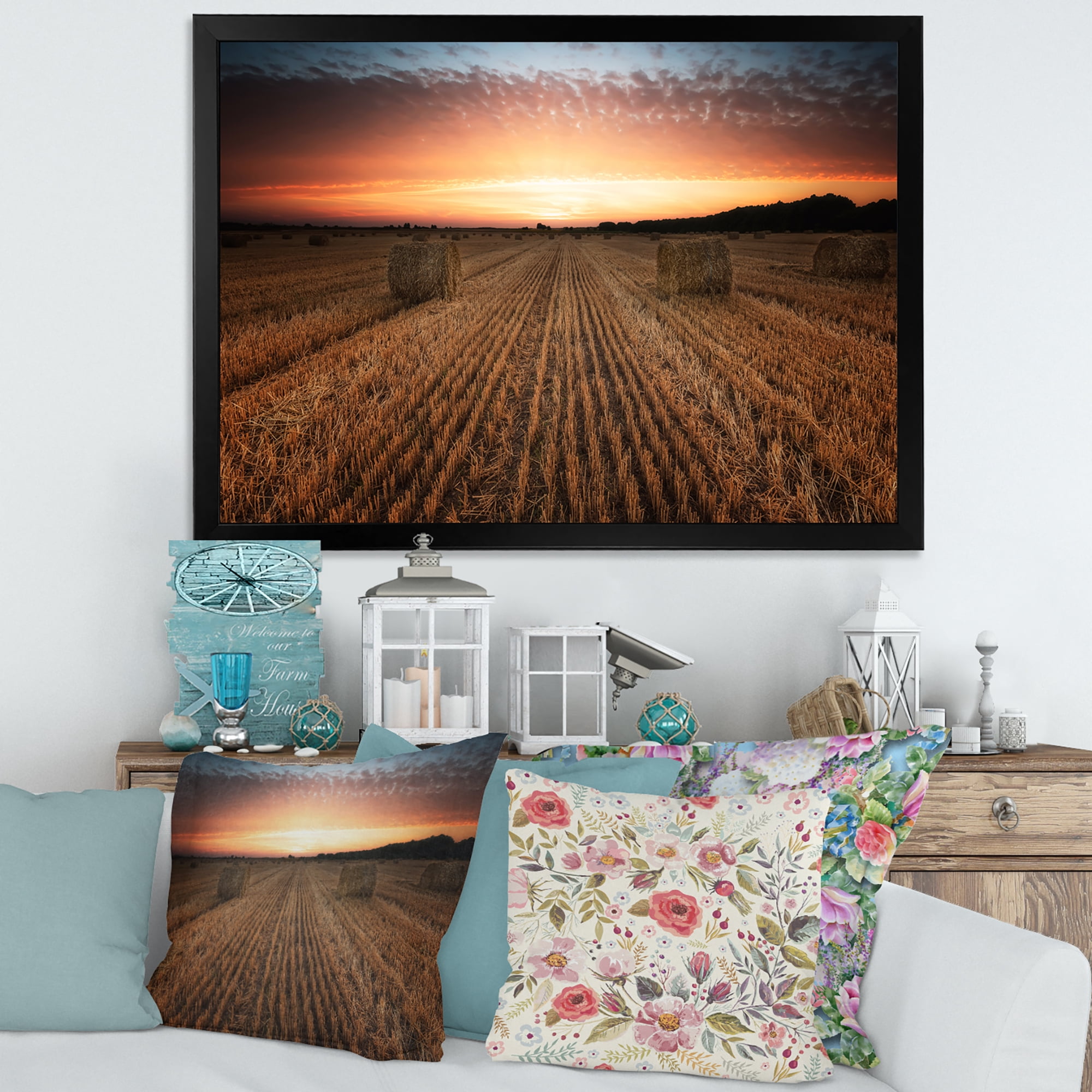 Designart 'A Field Full of Hay Bales At Sunset Landscape' Farmhouse Framed Art Print