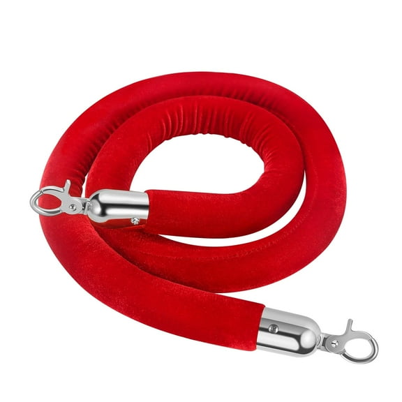 Velvet Stanchion Rope (5FT, 1 Pack) 1.5" Thick Red Cord for Ball Crown Top Style Barriers Post, Crowd Queue Line Safe Control, Round Velour with Silver Plated Polished Stainless Steel Snap Hook