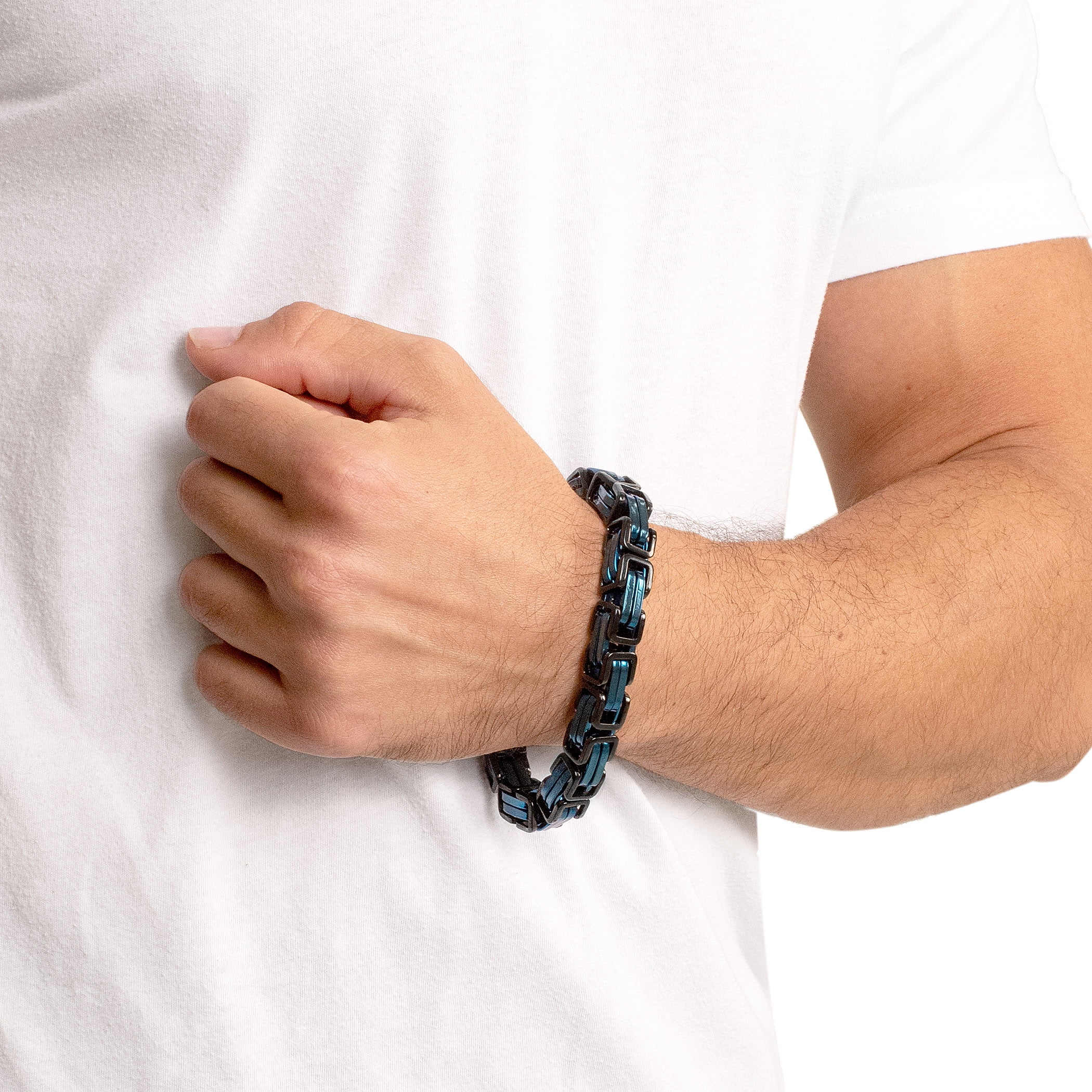Crucible Jewelry Men's Black and Blue Plated Stainless Steel Byzantine Chain Bracelet (11mm) - 10"
