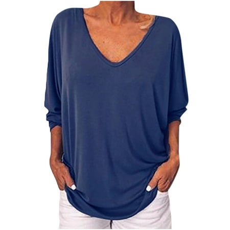 

Ichuanyi Womens Fall Tops Clearance Women s Summer Fashion V-neck Bat 3/4 Sleeve Solid Color Tops