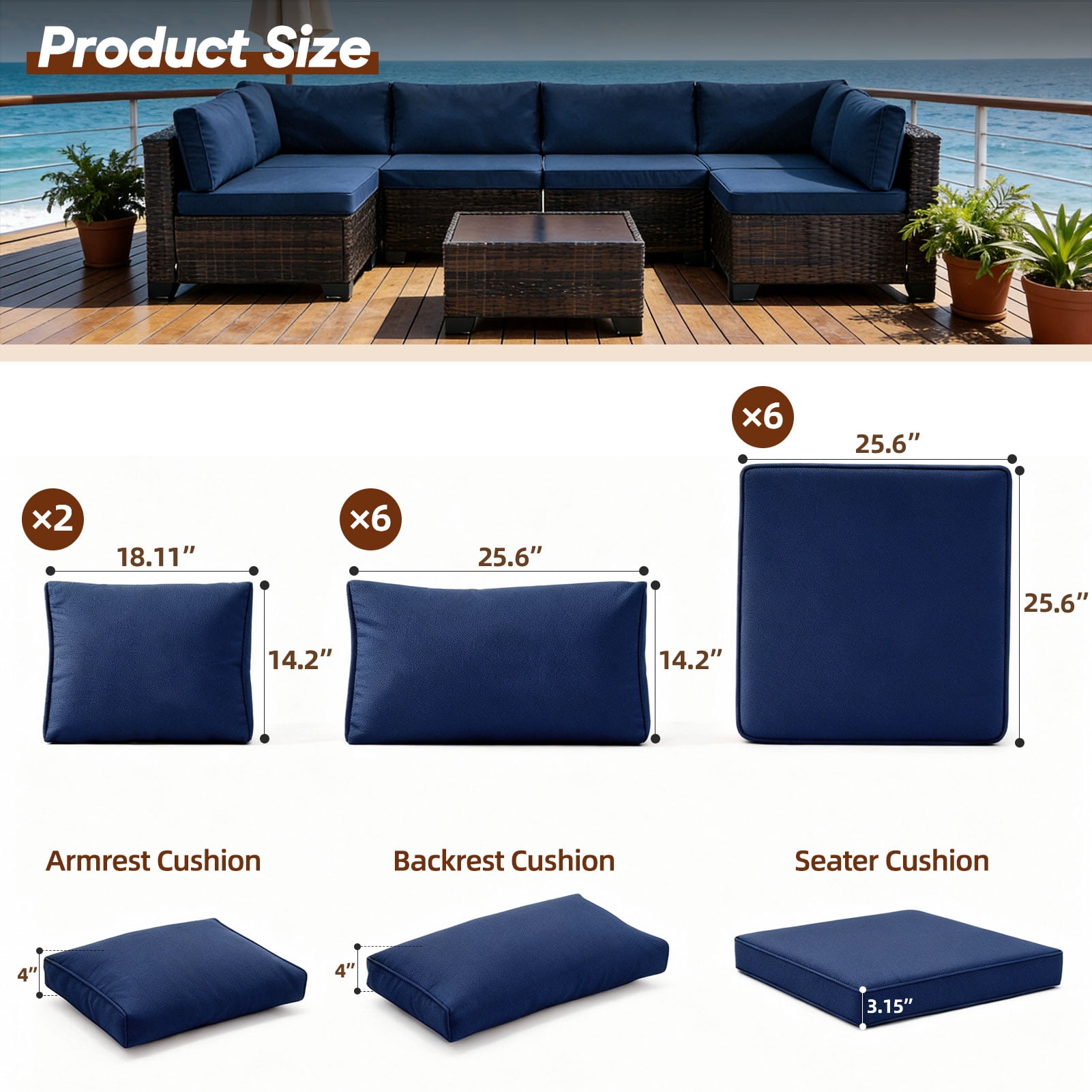 14-Piece Patio Furniture Replacement Cushion Set with Washable Covers, Waterproof Sectional Outdoor Sofa Cushions (6 Seat + 6 Back + 2 Armrest), 4" High-Density Foam with Anti-Slip Base, Blue