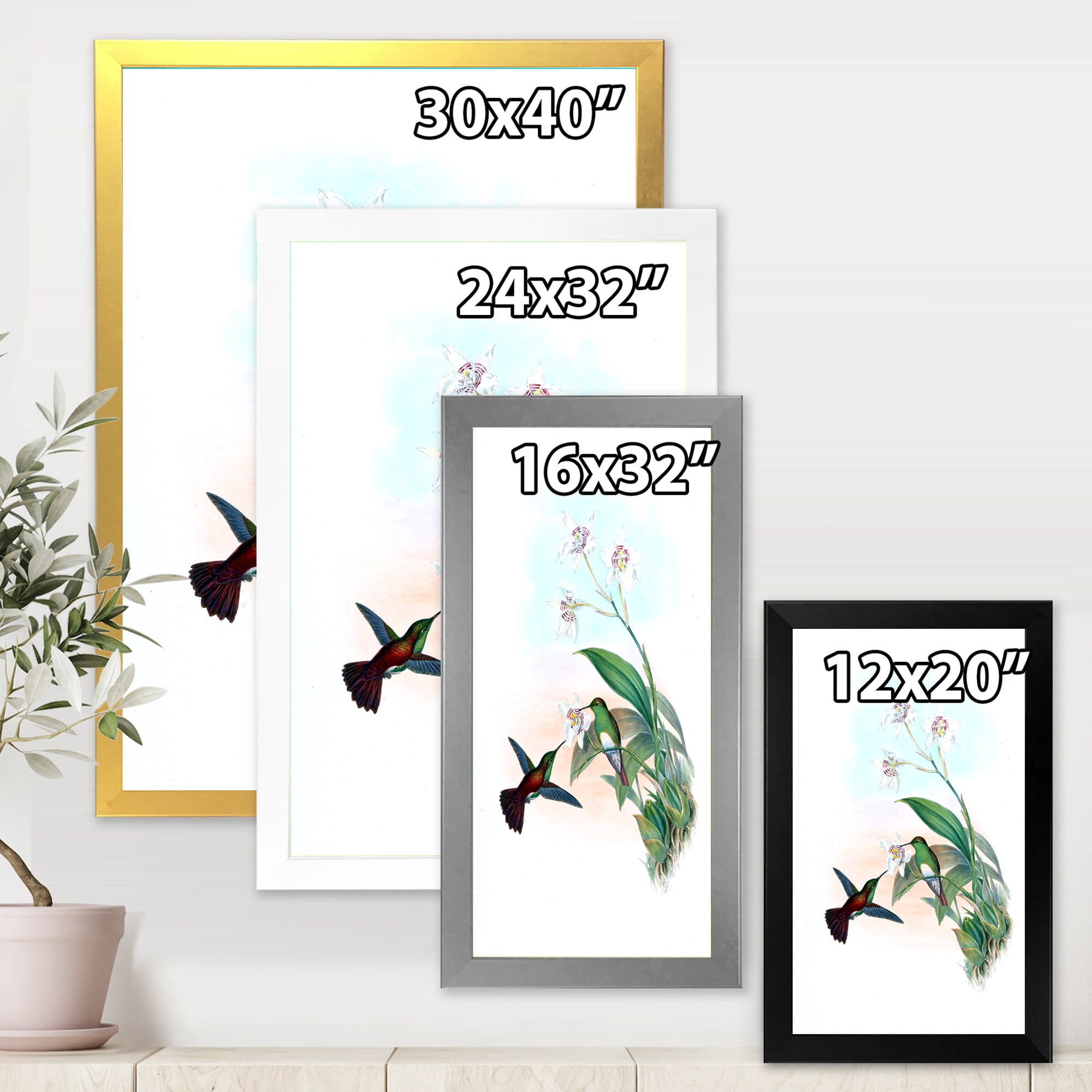 Designart 'Historic Hummingbird Flying To A Flower' Traditional Framed Art Print